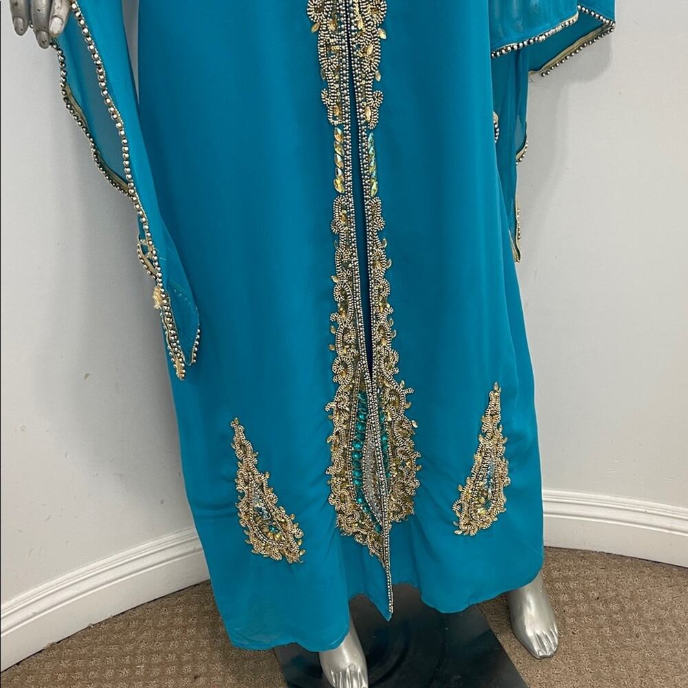 Moroccan Kaftan Maxi Dress Turquoise Hand Beaded Dubai Style Long Sleeve Formal - Picture 5 of 16
